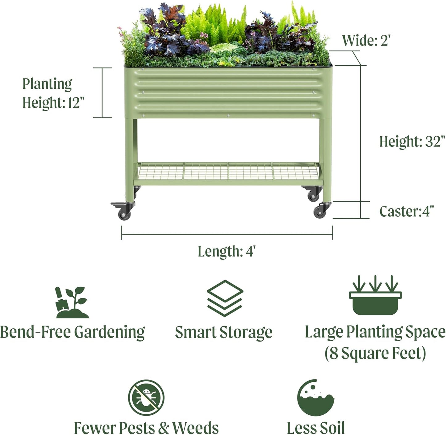 Rolling Elevated Raised Garden Bed-V Series, 2' x 4' Garden Beds with Legs & Storage Rack for Patio & Porch, 700 Lbs Weight Capacity, Outdoor Planter Box for Vegetables Flower Herbs, Olive Green