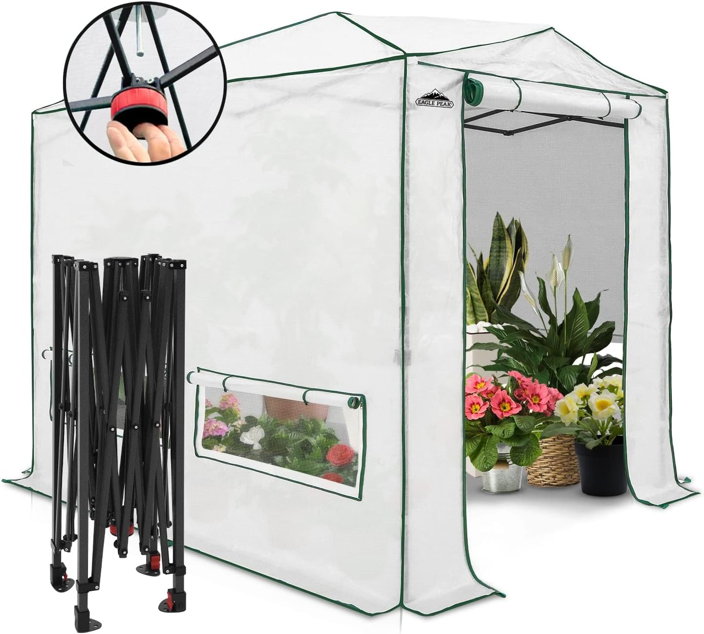 EAGLE PEAK Instant Pop-up Greenhouse, Indoor Outdoor Plant Gardening Green House, Roll-Up Zipper Doors and Side Windows, Heavy Duty Walk in 8x6 ft, Woven PE Top, White