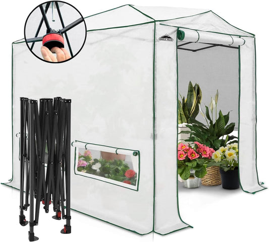 EAGLE PEAK Instant Pop-up Greenhouse, Indoor Outdoor Plant Gardening Green House, Roll-Up Zipper Doors and Side Windows, Heavy Duty Walk in 8x6 ft, Woven PE Top, White