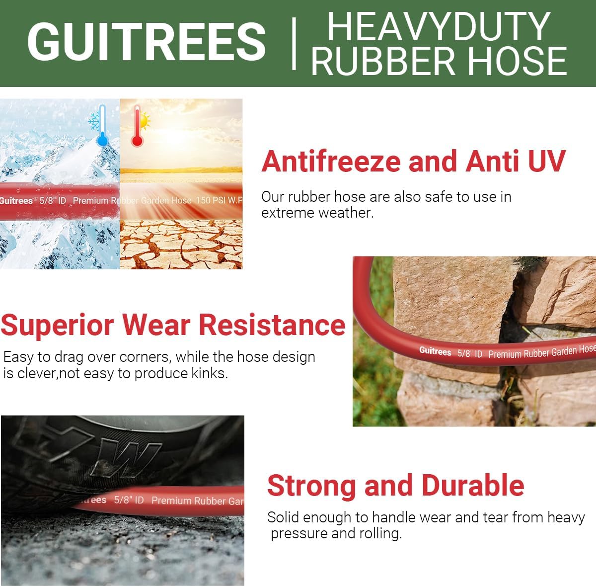 90FT 5/8 Heavy Duty Rubber Garden Hose - 200psi Working, 1000psi Burst - Hot/Cold Water - Five-Layered Braiding for Durability - Versatile for Gardening, Agriculture, Construction(Red)