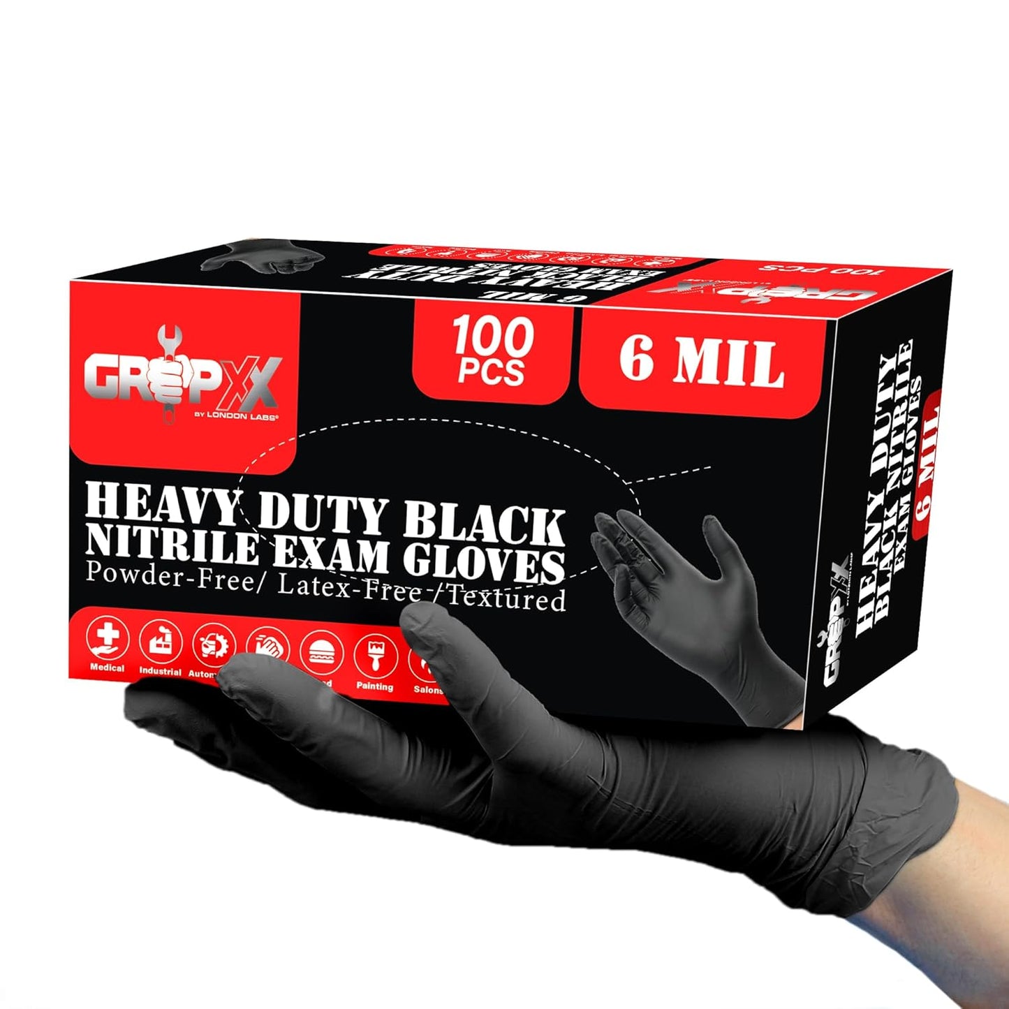 Heavy Duty 6 Mil Black Nitrile Gloves - Disposable, Latex & Powder Free | Mechanic, Food Prep & Tattoo | Rubber Gloves for Cooking, Cleaning & Household | Pack of (100)