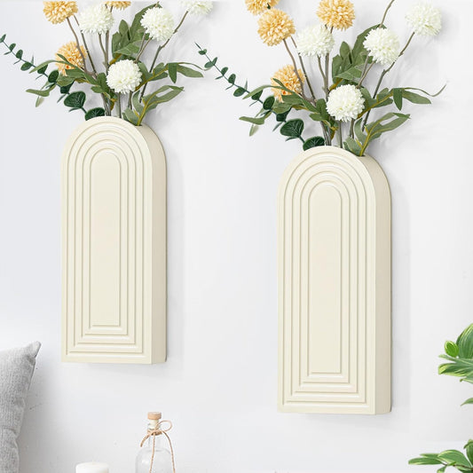 Wooden Wall Planter Vase Set of 2, Boho Hanging Planter for Indoor Plants & Flowers, Natural Wood Wall-Mounted Planters for Art Home Decor - Living Room, Bedroom, Bathroom, Patio (Milky White)
