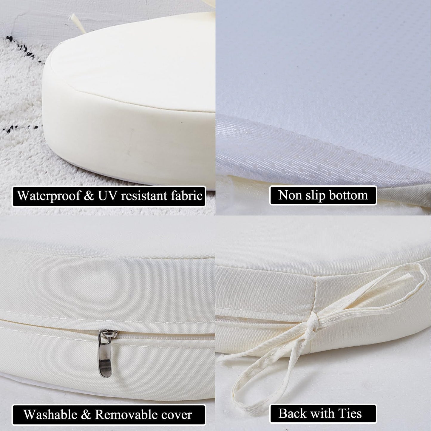 15 x 15 Inch Round Cushions for Outdoor Furniture Non-Slip Waterproof Patio Bistro Chair Cushion with Ties Bar Stool Seat Cushion for Kitchen Chairs Set of 4, Beige