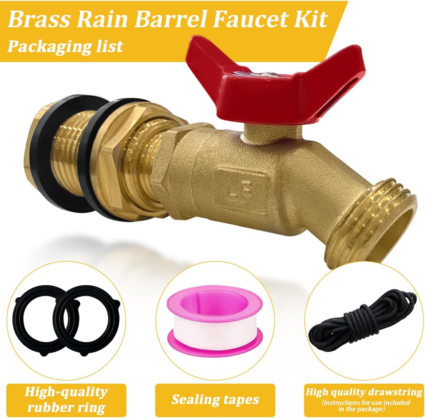 Brass Water Container Rain Barrel Faucets Lead-Free Spigot Kit 3/4" GHT Brass Rain Barrel Quarter Turn Ball Valve Spigot with Bulkhead Fitting Suitable for Garden Hose Thread Connection