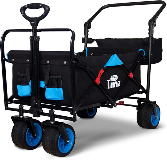 TMZ All Terrain Wide Wheel Utility Folding Wagon, Collapsible Garden Cart, Heavy Duty Beach Wagon Trolley with Adjustable Push Handle and Brake, 90 L Storage, Load of 120KG(Black/Blue)