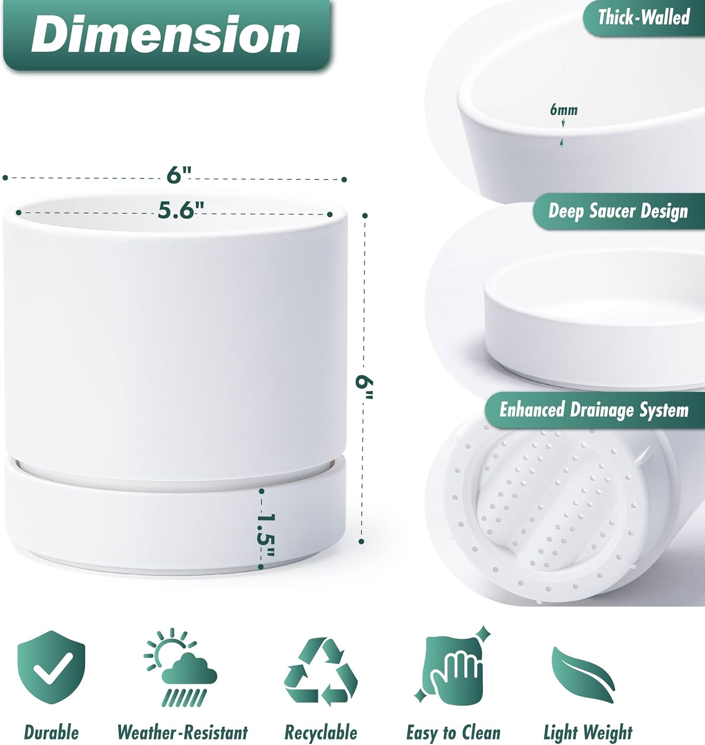 Phoenix Vine 6 Inch Planter Pot with Drainage Hole & Saucer, Deep Water Catch Tray, Straight Cylindrical Round Pot for Plants, Matte White, Pack of 3, 23-B-S-3