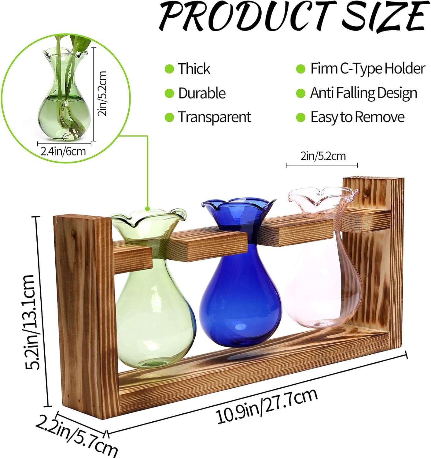 Plant Propagation Station Plant Terrarium Unique Birthday Gifts for Women Plant Lovers Home Office Decor Planter with Wooden Stand - 3 Bulb Glass Vase
