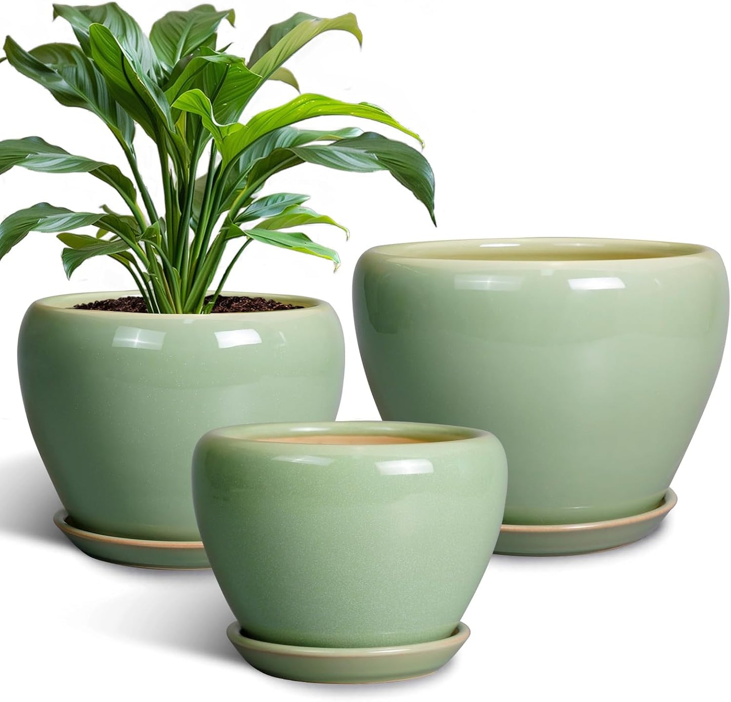 Ceramic Pots for Plants - 10/8/6 Inch Flowers Planters with Drainage Holes and Saucers for Indoor Outdoor, Decorative Modern Home House Office Room Decor, Set of 3, Green