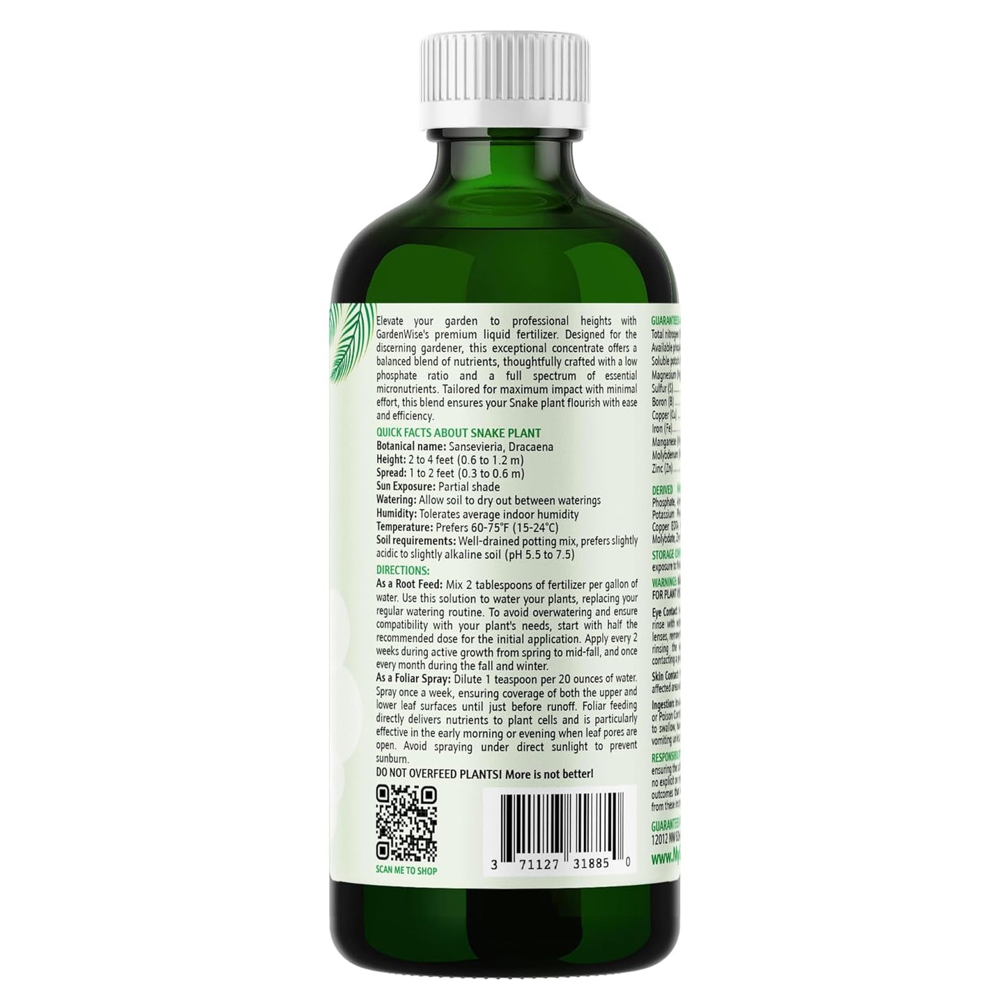 3-1-2 Liquid Fertilizer Concentrate with Micronutrients - Ideal Snake Plant Food for Sansevieria (Dracaena trifasciata), Indoor Plant Care (16 OZ)