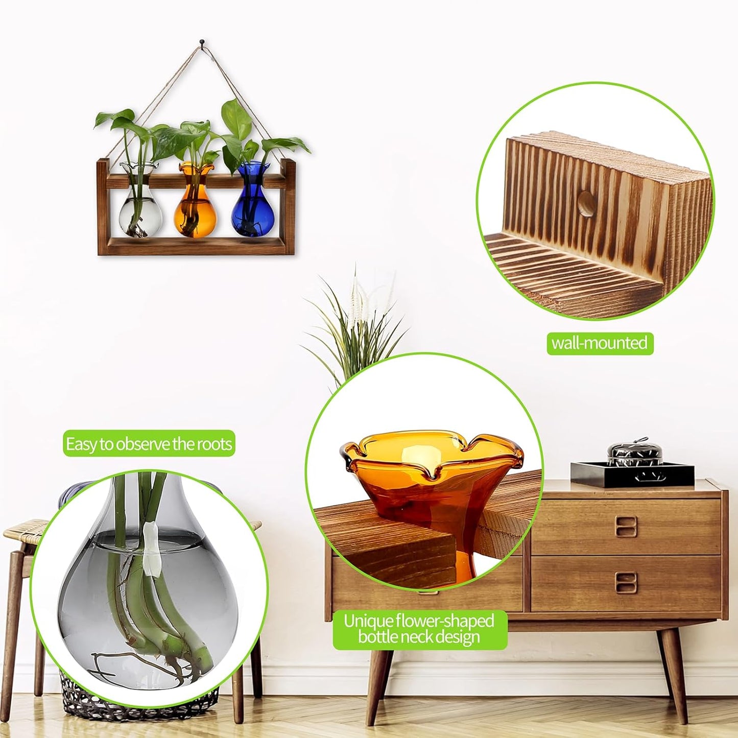 Plant Propagation Station Plant Terrarium Unique Birthday Gifts for Women Plant Lovers Home Office Decor Planter with Wooden Stand - 3 Bulb Glass Vase
