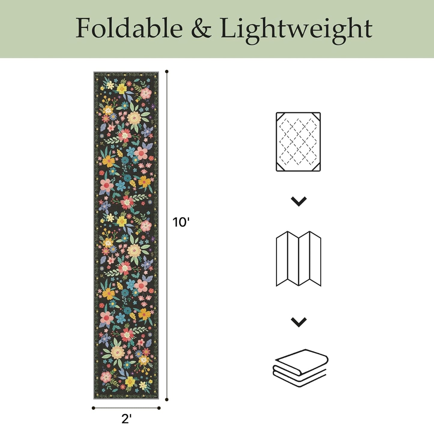 GENIMO Indoor Outdoor Area Rug 2' X 10' Waterproof, Washable Runner Rug Non Shedding, Easy Cleaning Floral Outdoor Carpet for Patio, Living Room, Bedroom, Entryway, Porch, Dining Room, Black