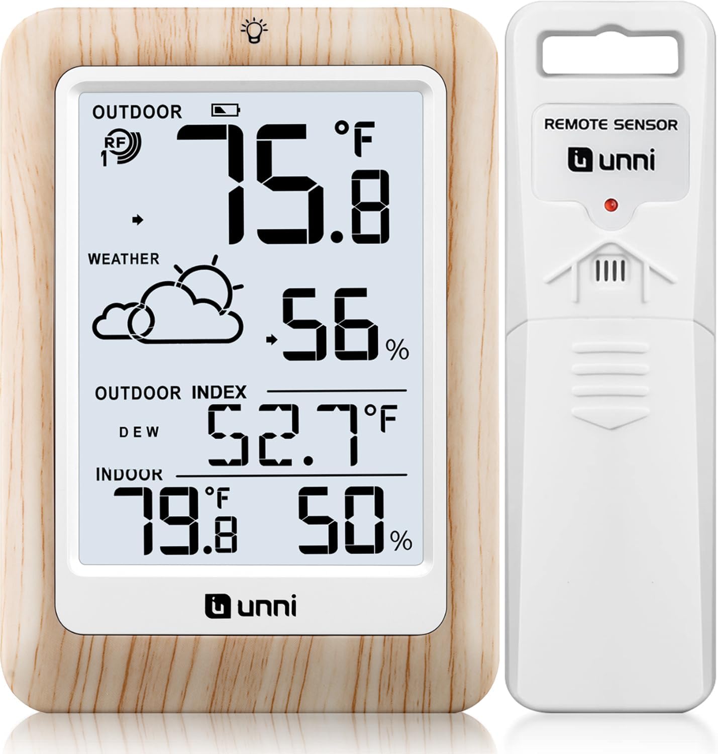 Indoor Outdoor Thermometer Wireless Weather Station, Temperature Humidity Monitor Battery Powered Inside Outside Thermometers with 330ft Range Remote Sensor and Backlight Display（Wood）