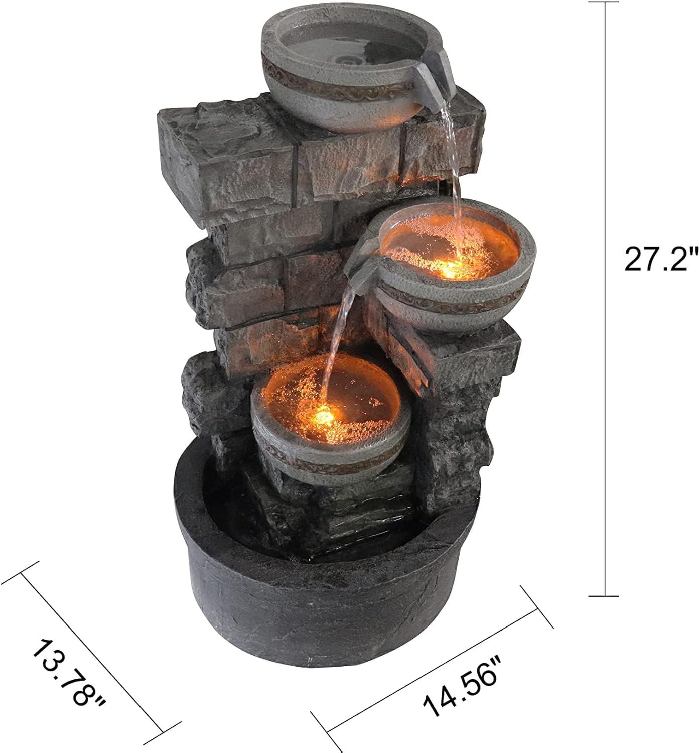 Water Fountian Outdoor - 3 Tiered Bowls Floor Stacked Stone Pump Waterfall Fountain,Provide Flowing Water Feature for Outside Garden,Backyard,Lawn,27 Inch Tall