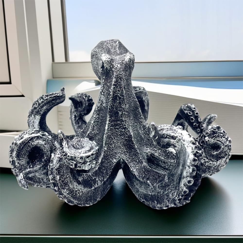 10 Inch Octopus Vintage Statue Sculpture Frgurine Gift for Home Office Living Room Desktop Display Decor Decorative (Silver)