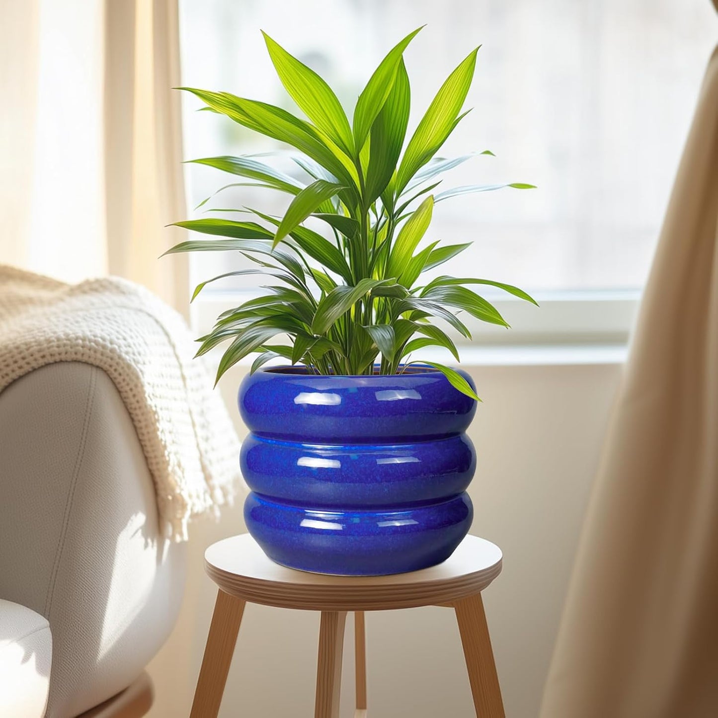 SQOWL 8 Inch Plant Pot - Ceramic Planter Indoor Plant Pot with Drainage Hole Outdoor Flower Pot Round Decorative Plant Pots for Kitchen Counter Desk Decor Blue