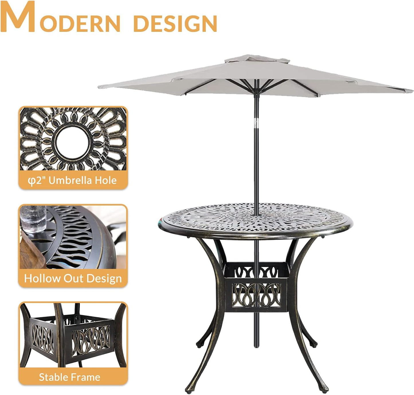 3-Piece Outdoor Patio Dining Set, All-Weather Cast Aluminum Patio Furniture Set for Backyard Garden Deck with 2 Chairs and 35.4” Round Table, 2" Umbrella Hole