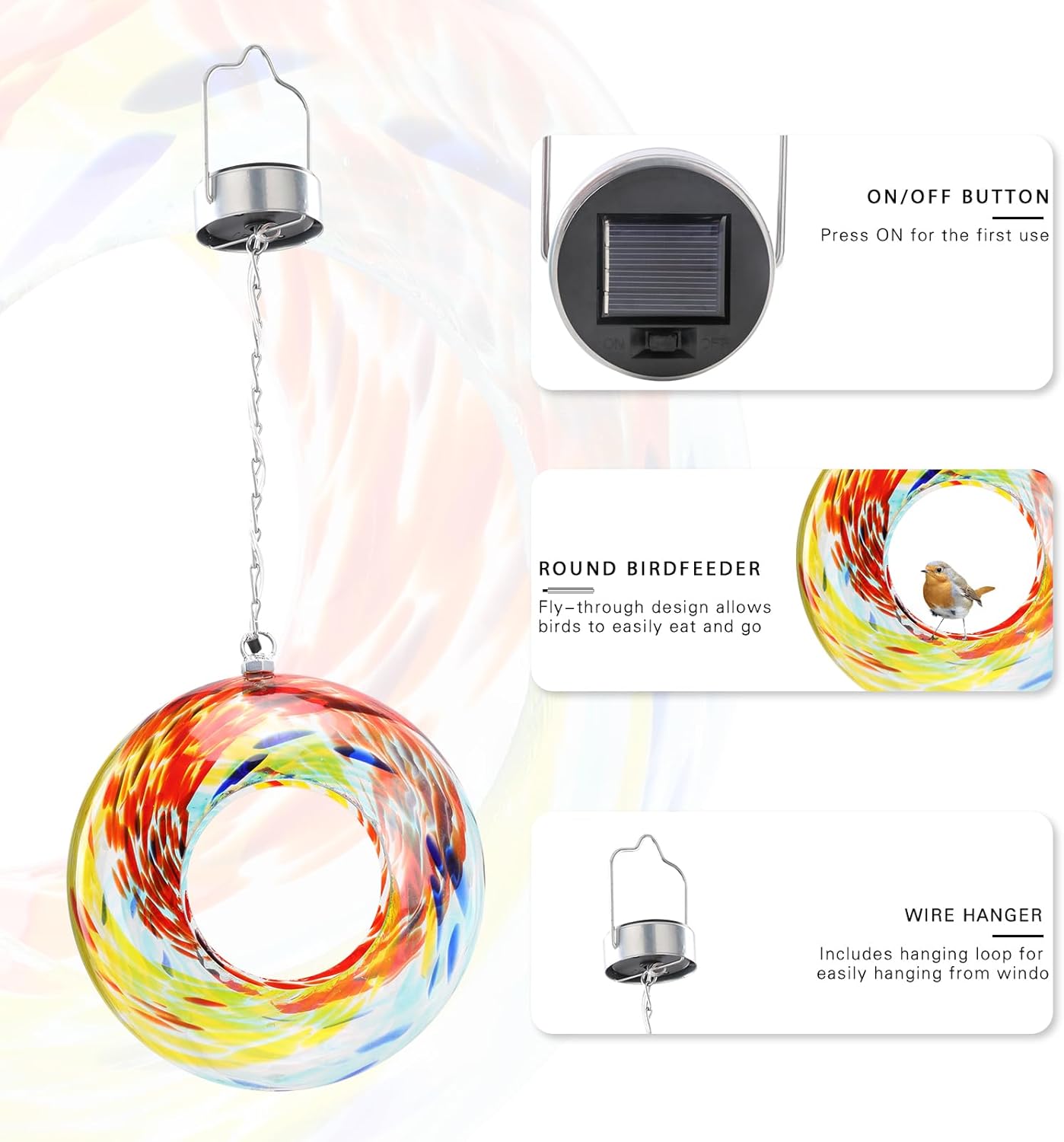 VCUTEKA Bird Feeder Solar Fly Through Bird Feeders for Outside Hanging with Round Shape Glass Container to Attract Wild Birds for Garden Decor, Solar Birdfeeder as Gift for Lovers, Red 8-Inch