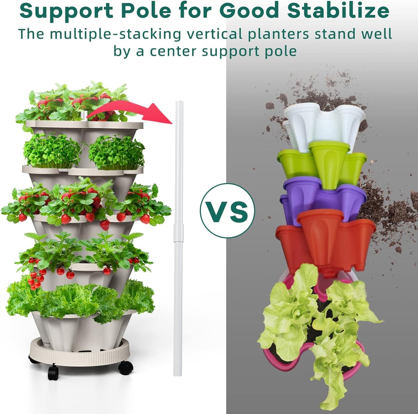 Strawberry Vertical Planter GardenTower, 5 Tiered Stackable Planter with Support Pole, Stacking Herb Vegetable Planters Indoor and Outdoor - Light Grey