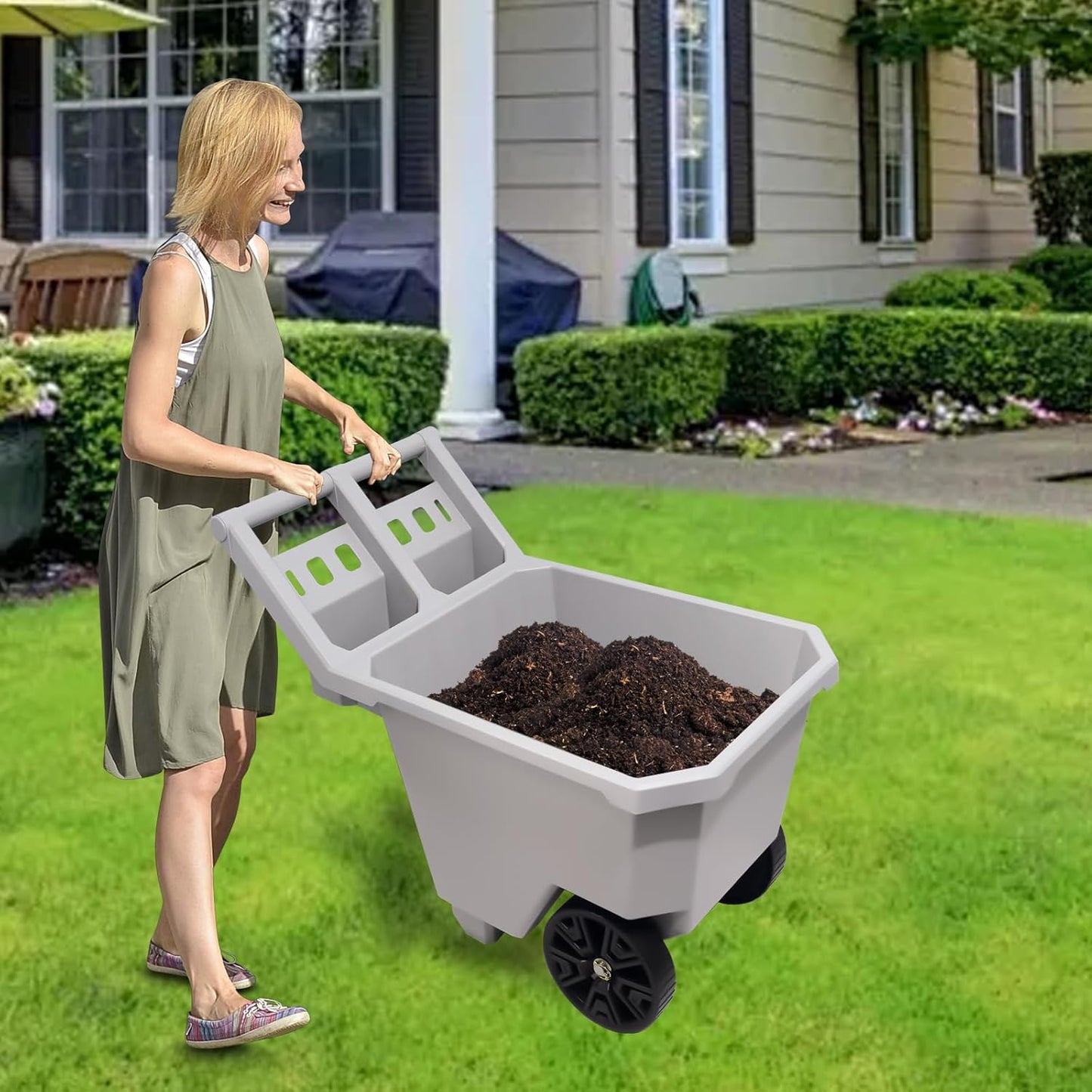 AAIN 2-Wheel Wheelbarrow, 300 LB Capacity Heavy Duty Yard Cart with 9" Maintenance-Free Solid Tires, Push/Pull Design, Durable Trash Cart for Outdoor Use - Grey