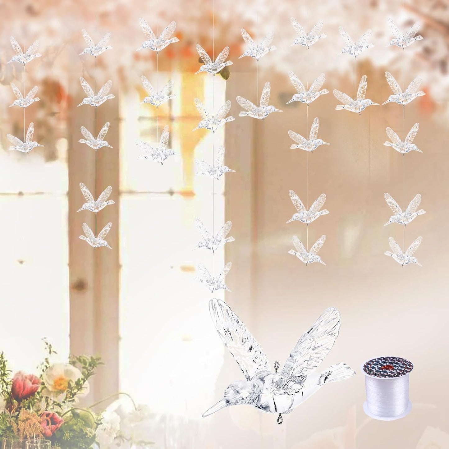 NUPTIO Crystal Ceiling Hanging Ornaments: 50 Pcs Acrylic Flying Birds for Wedding Party Window Garden Bedroom Outdoor Birthday - Christmas Tree Decorations with Transparent Line