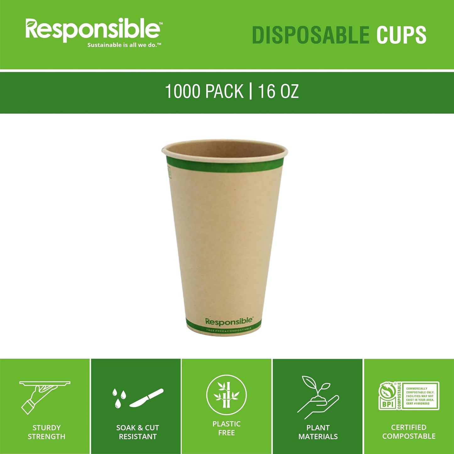 16 oz Paper Hot Cups, Tree-Less™ Compostable Paper Coffee Cups, Extra Strength, Tree-Free and Made Without PFAS, Natural Brown (1000 Count)
