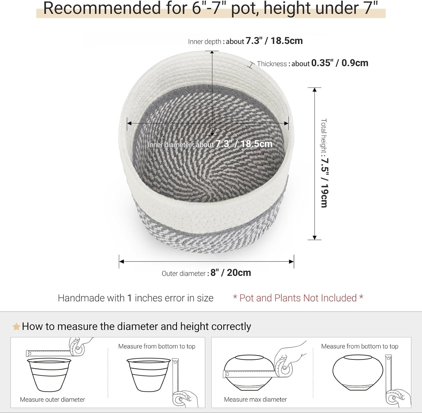 Dahey Jute Cotton Rope Plant Basket Mini Woven Storage Basket for Up to 7" Planter, Decorative Flower Pot Cover Closet Storage Bin Table Desk Organizer Modern Home Decor, Grey