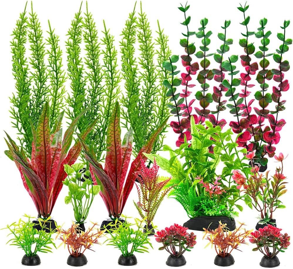 18-Piece Artificial Aquarium Plants Decorations – Large Set with Red & Green Foliage, Fish Tank Decor for Betta, Goldfish, Freshwater & Saltwater Tanks, Weighted Bases