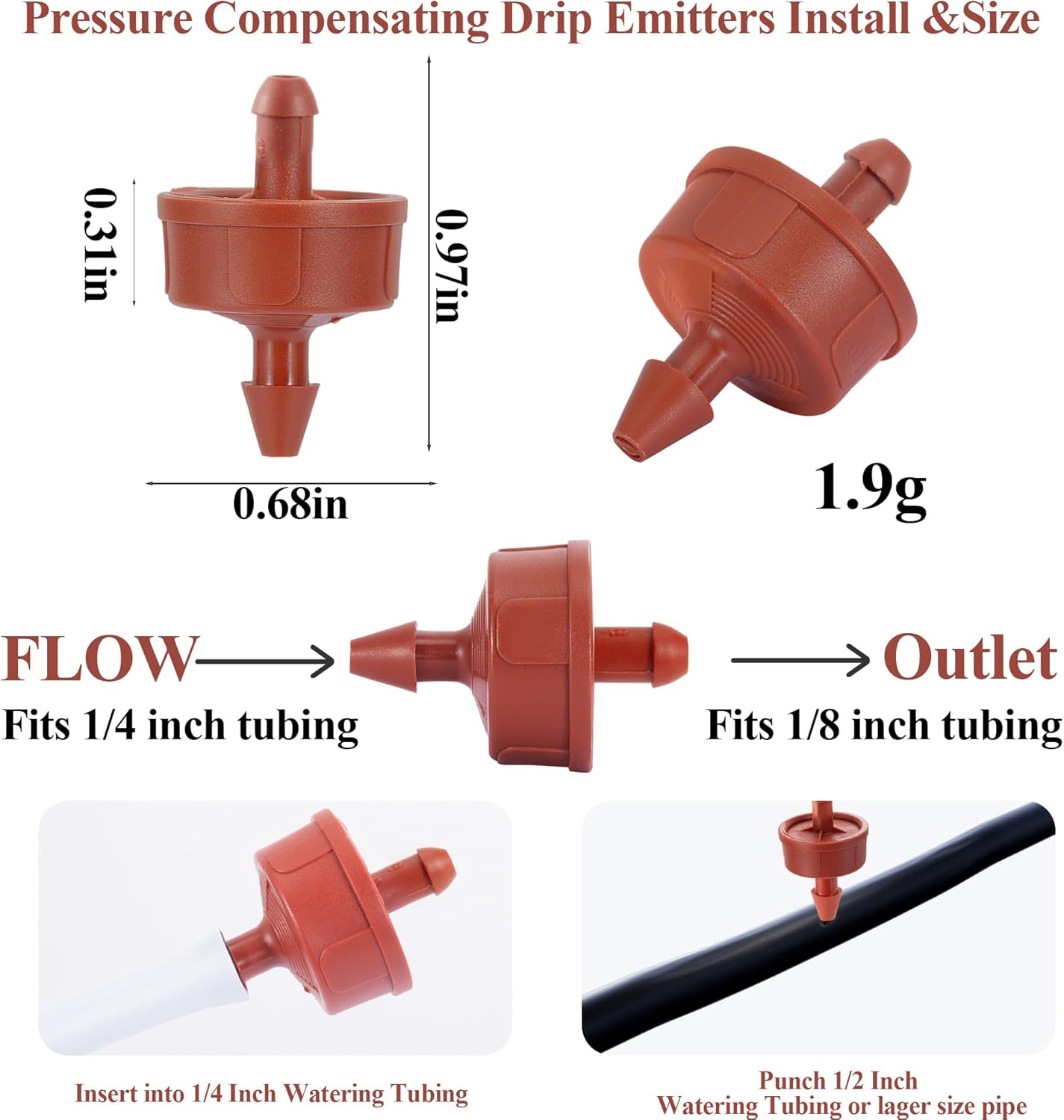 200Pcs 2GPH Pressure Compensating Irrigation Spot Drippers,Constant Flow Barb Outlet Watering Dripper Emitters Heads Parts for 1/4 Inch Watering Tubing Line for Garden Pots Plant Irrigation Systems