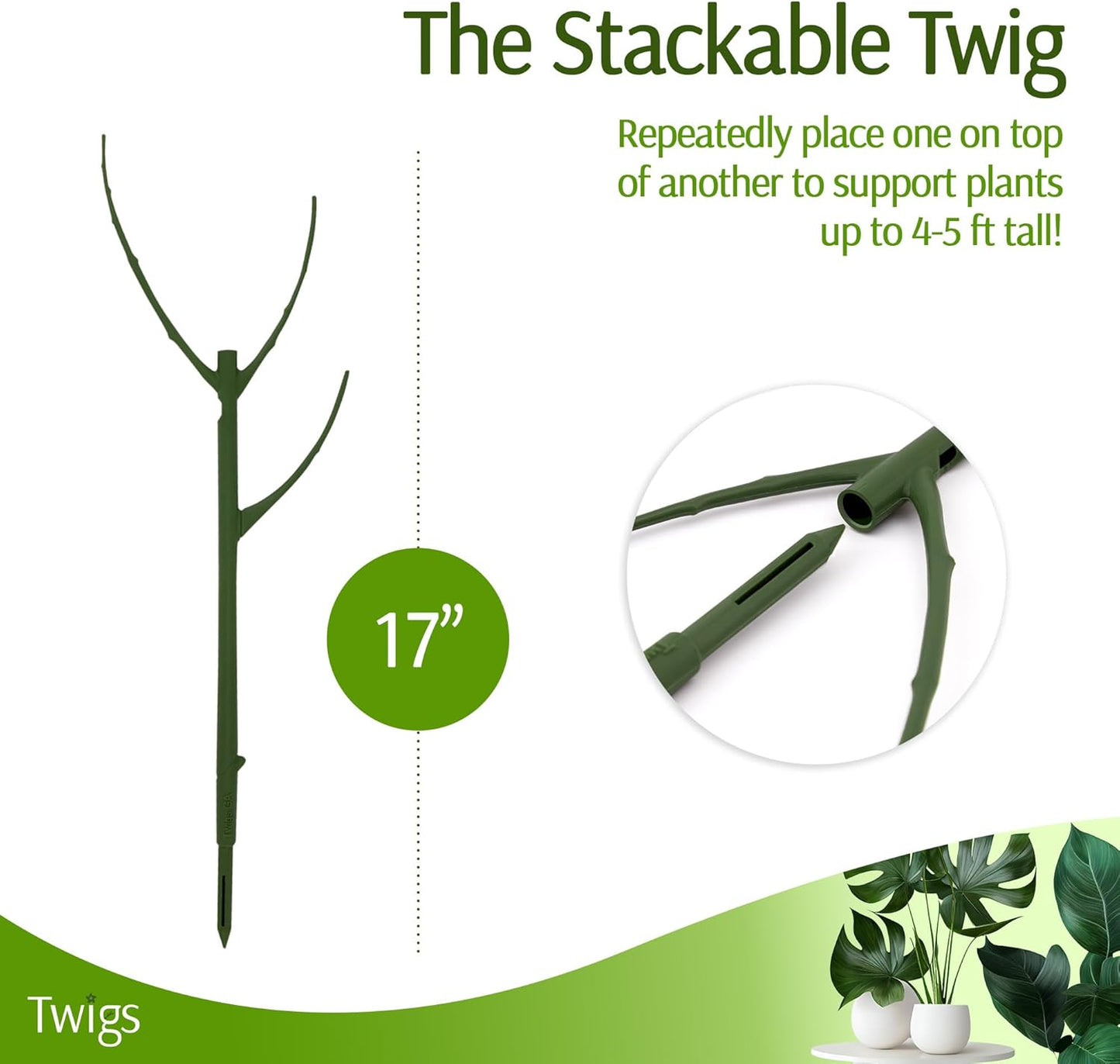 Stackable Plant Support Stakes, Stem Holder Structure for Indoor & Outdoor Use, Garden Accessories for Climbing & Potted Plants, Trellis Alternative - Monstera (Dark Green), 10 Pack, 17" L