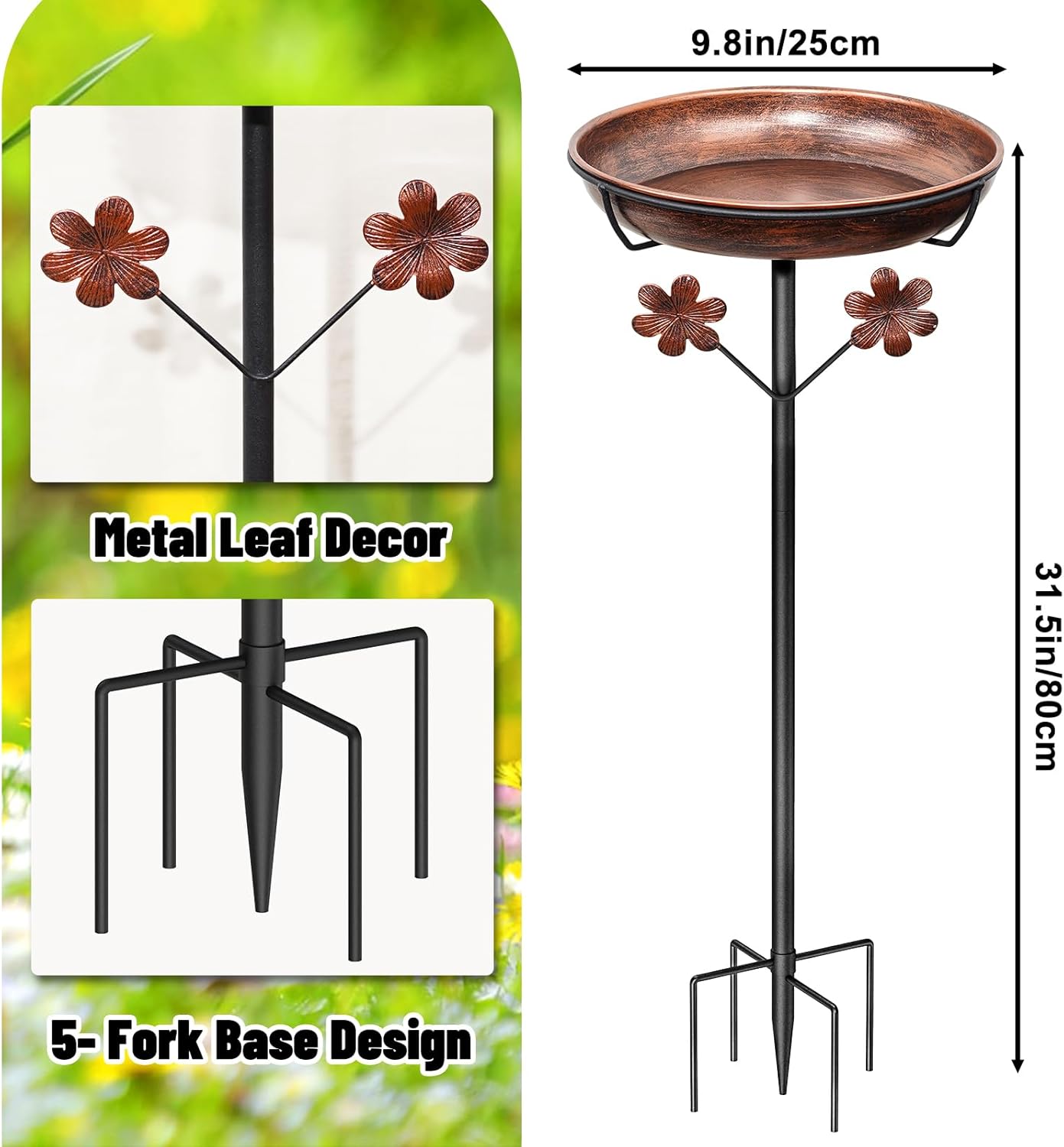Metal Bird Bath for Outside, Freestanding Birdbaths Bowl Outdoor with Iron Stake, Vintage Spa Birdfeeder Feeder Bowl for Garden Patio Yard Lawn Decor, Easy to Clean