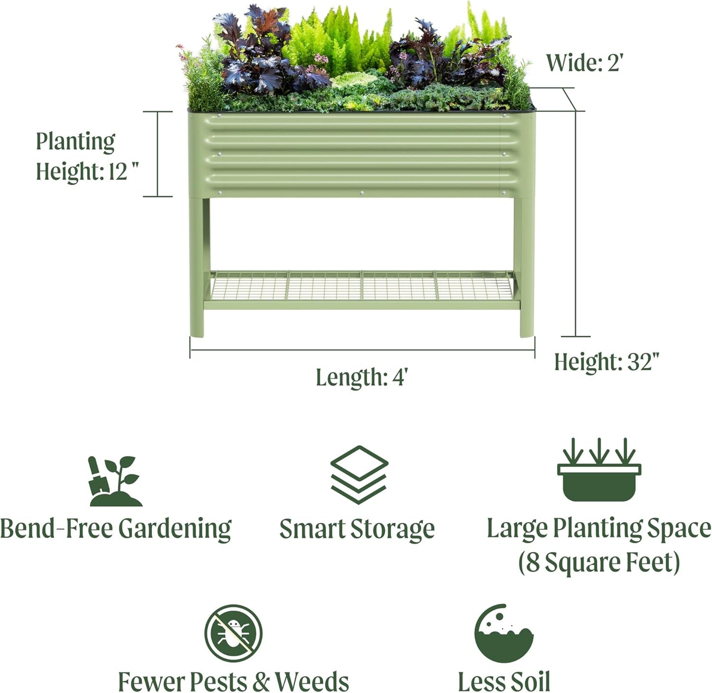 Elevated Raised Garden Bed-V Series, 2' x 4' Garden Beds with Legs & Storage Rack for Patio Porch, 700 Lbs Weight Capacity, Outdoor Planter Boxes for Gardening Herbs Vegetables Flowers, Olive Green