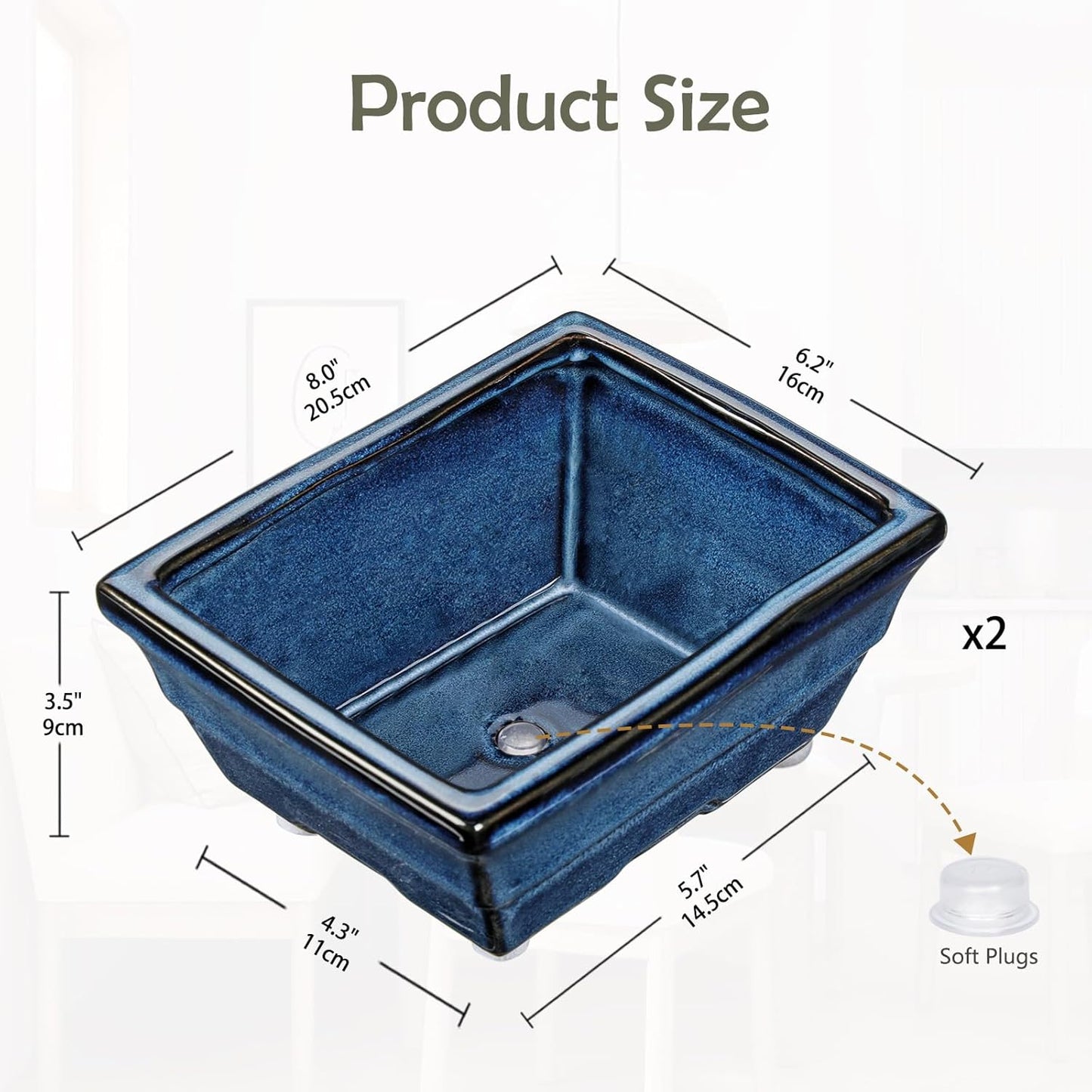 Blue Glazed Ceramic Bonsai Tree Pots with Drainage Hole, Set of 2 Rectangular Bonsai Pots Planters for Indoor & Outdoor Use, 8 Inch Shallow Bonzie Tree Pot for Succulents, Cacti, Orchids, Herbs