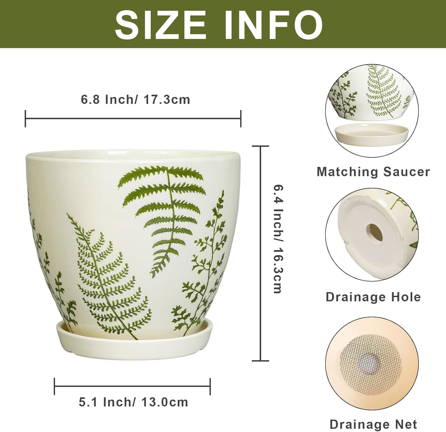 Ceramic Pot for Plants - 6.8 Inch Plant Pot Indoor with Drainage Hole and Saucer, Boho Round Planter for Indoor Outdoor Flowers, Gardening Gifts for Women Men, Garden Home Office Decor, White