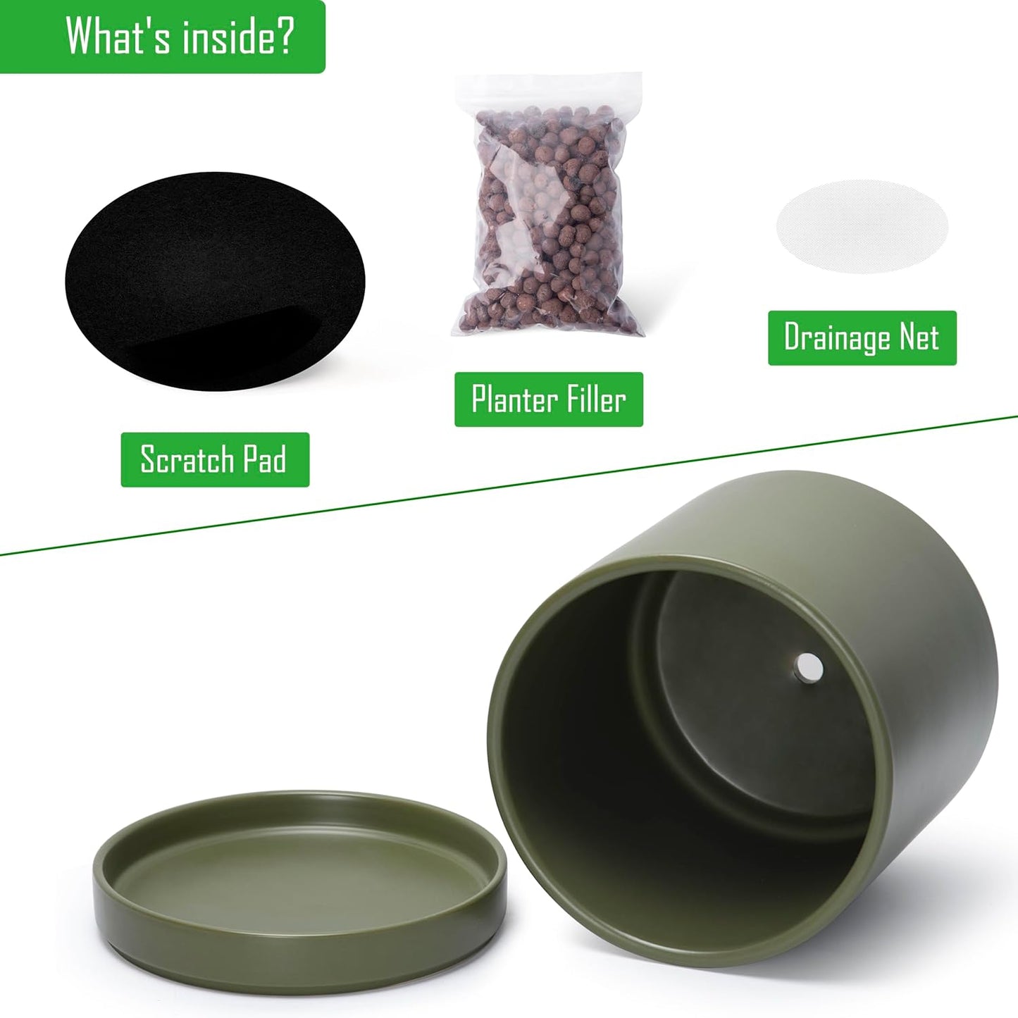 D'vine Dev 12 Inch Ceramic Planter Pot with Drainage Hole and Saucer, Indoor Cylinder Round Planter Pot, Olive, 94-O-F-J