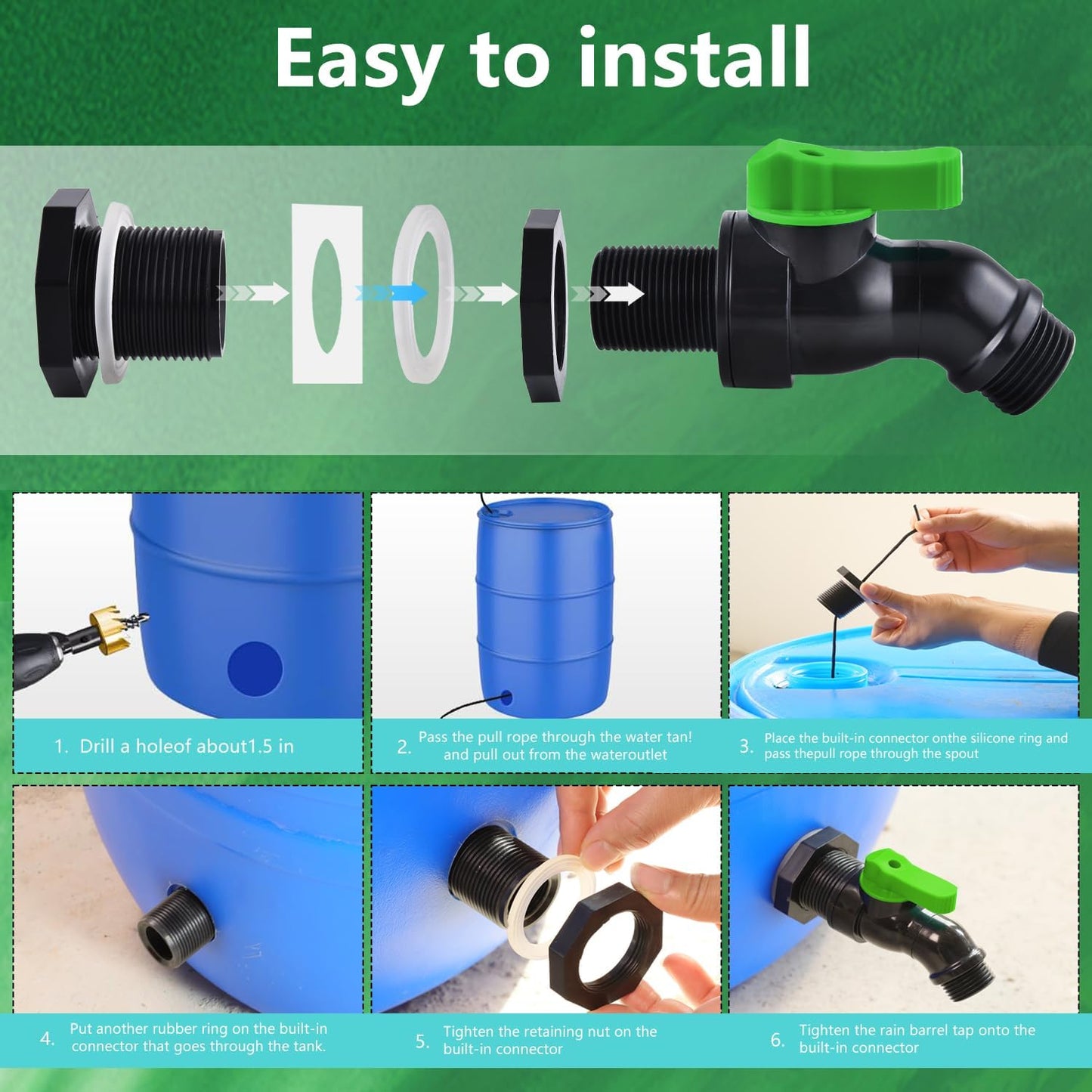 High Flow Rain Barrel Spigot Kit with Bulkhead Fitting，Rain Barrel Drain Valve for Rain Water Barrel, Water Tanks, 55 Gallon Drum ，3/4 GHT Outlet