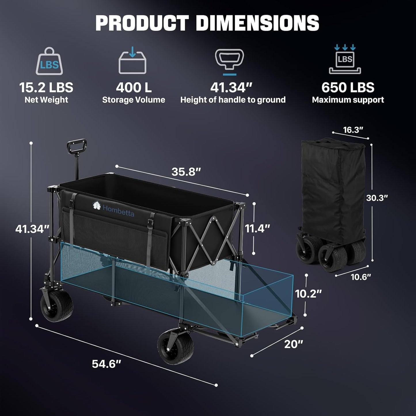 400L Double Decker Folding Wagon Cart, Heavy Duty 560LBS Capacity Utility Cart with Brake, Collapsible Wagon with All-Terrain Big Wheels for Beach, Camping, Picnic, and Outdoor Use – Black