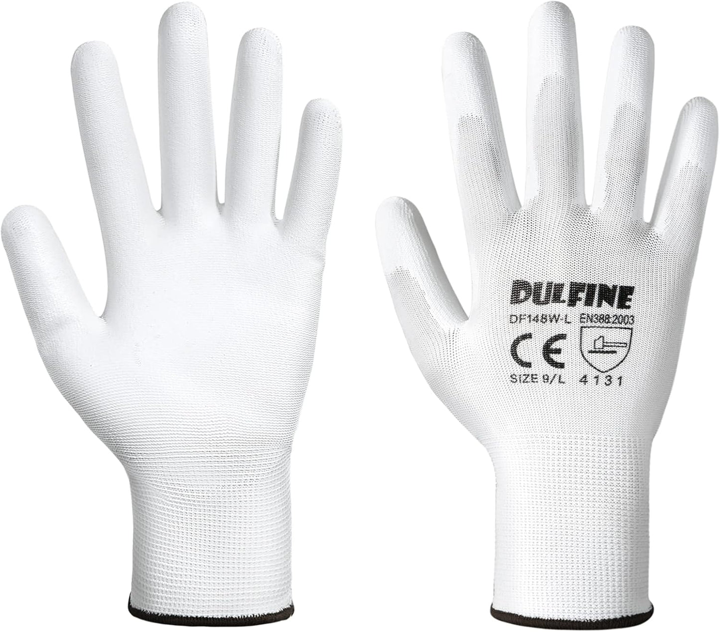DULFINE Safety Work Gloves PU Coated-12 Pairs,White Seamless Knit Glove with Polyurethane Coated Smooth Grip on Palm & Fingers, for Men and Women, Ideal for General Duty Work (Large)