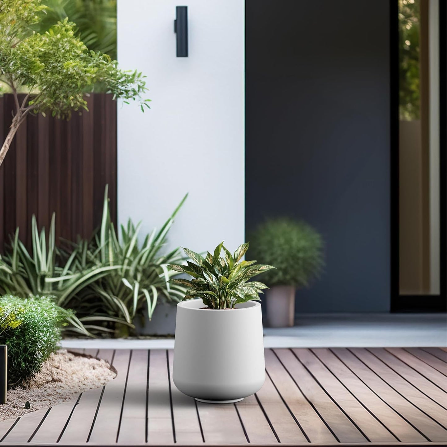 Kante 15.3-Inch Dia Round Concrete Planter, Large Plant Pot with Drainage Hole and Rubber Plug for Indoor Outdoor Use – Home, Garden, or Patio, Pure White