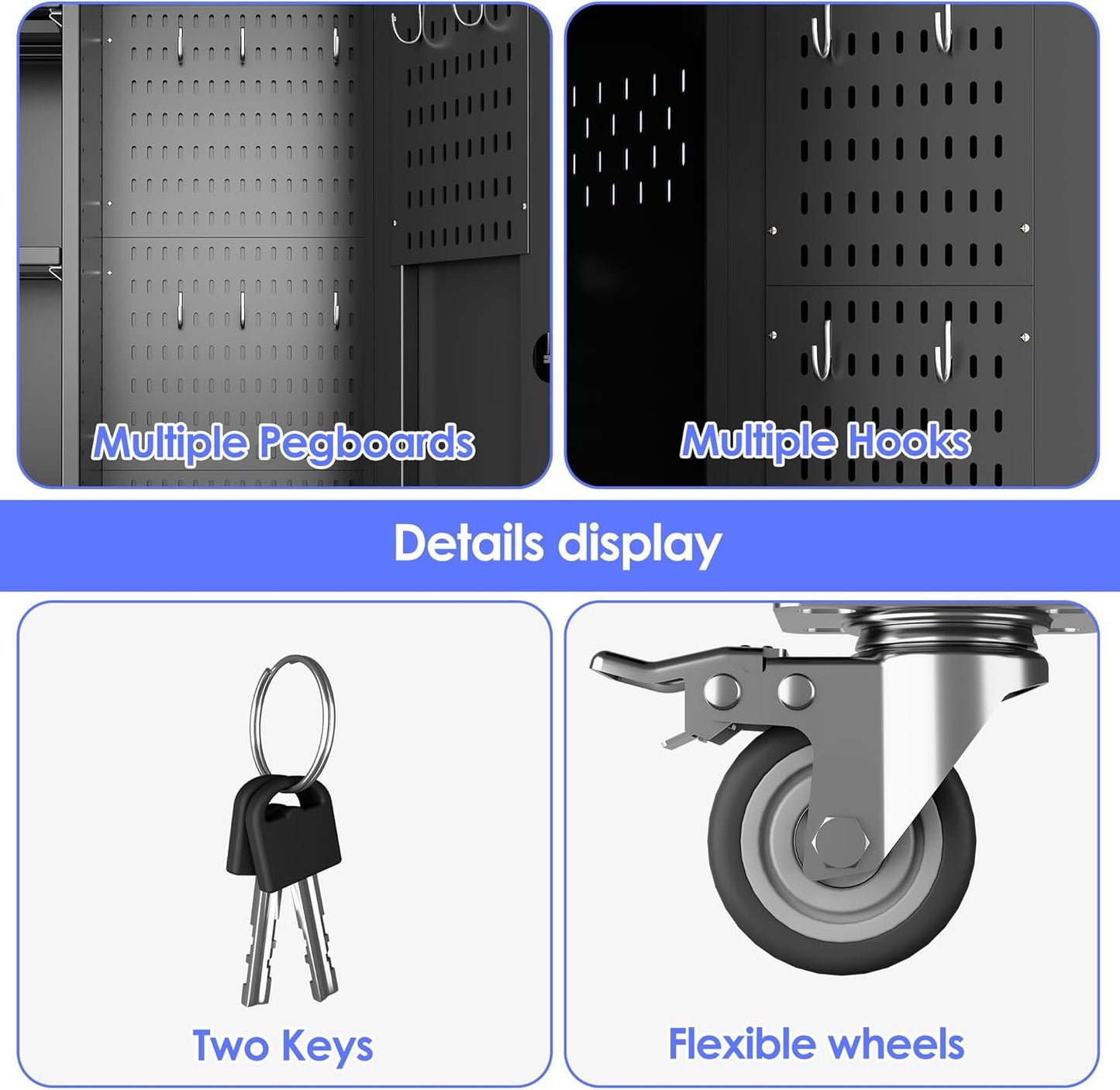 27.6 in Wide Garage Storage Cabinet with Wheels, Metal Storage Cabinet with Pegboards and 4 Adjustable Shelves, Garage Storage System with Lockable Door for Offices, Gyms and Pantries, Black