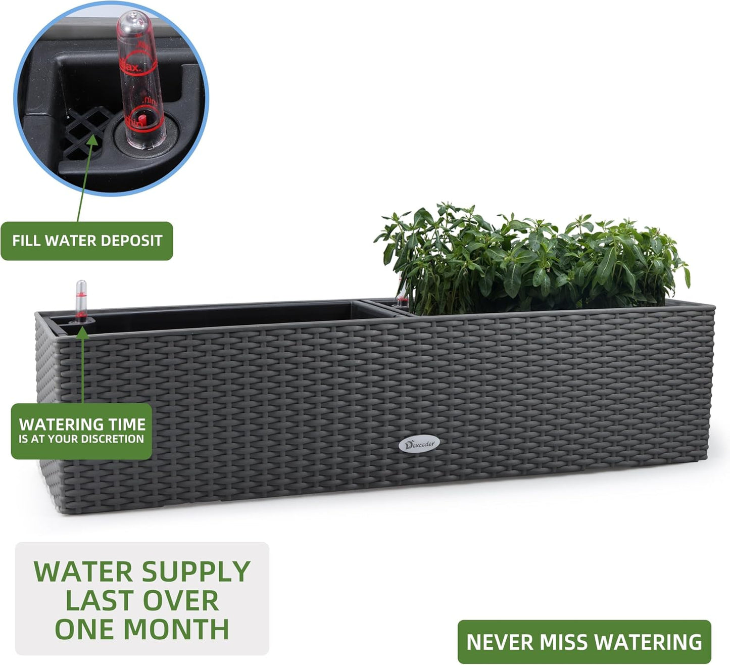 Dexceder 31.5 Inch Rattan Self Watering Planter Indoor Outdoor, Thickened Large Rail Flower Plant Pot Window Box with Water Level Indicators & Bracket (Deep Gray)