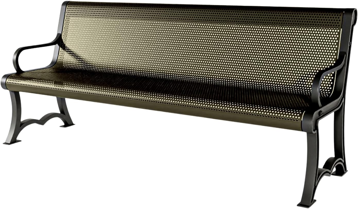 Heavy-Duty Outdoor Bench Thermoplastic Coated, Punched Steel, Commercial-Grade Garden Bench, Made in America (Portable with Back, 6 Ft, Textured Gold Vein)