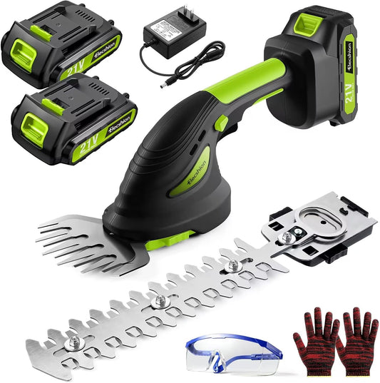 Cordless Hedge Trimmer - 2 Pack 21V Battery with Charger Powered Electric Trimmers, 2 in 1 Handheld Hedge Shears + Grass Cutter Pruning Shrub Cutting Small Branch Tool for Bush,Tree,Garden,Lawn,Yard