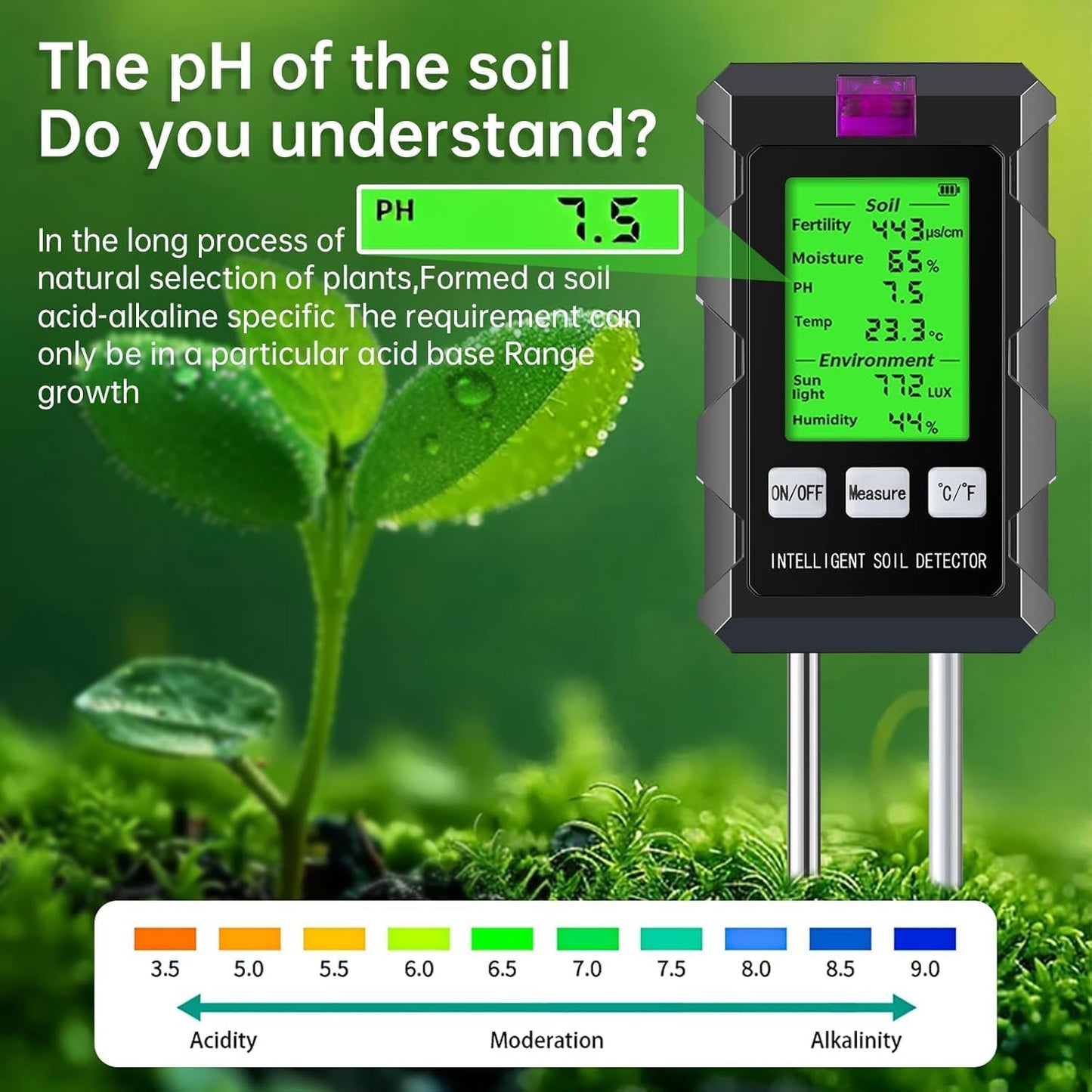 6-in-1 Soil Moisture Meter, pH/Temperature/Soil Moisture/Sunlight/Air Humidity/Soil Fertility Soil Tester for Farming, Gardening, Lawns and Outdoor Plants (2*AAA Battery Needed)