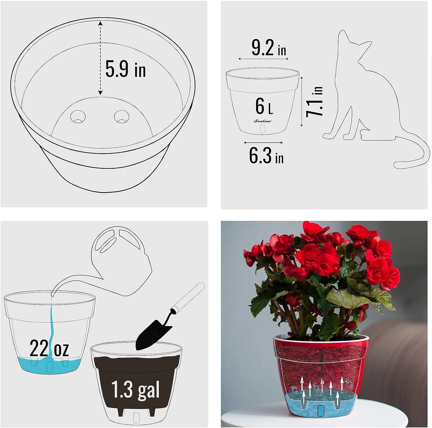 Santino ASTINO 9.2 Inch Self Watering Planter Green-Gold/White for Indoor Plants - Premium Quality Plastic Pot with Water Level Indicator for All House Herbs, Plants, African Violets and Dahlias