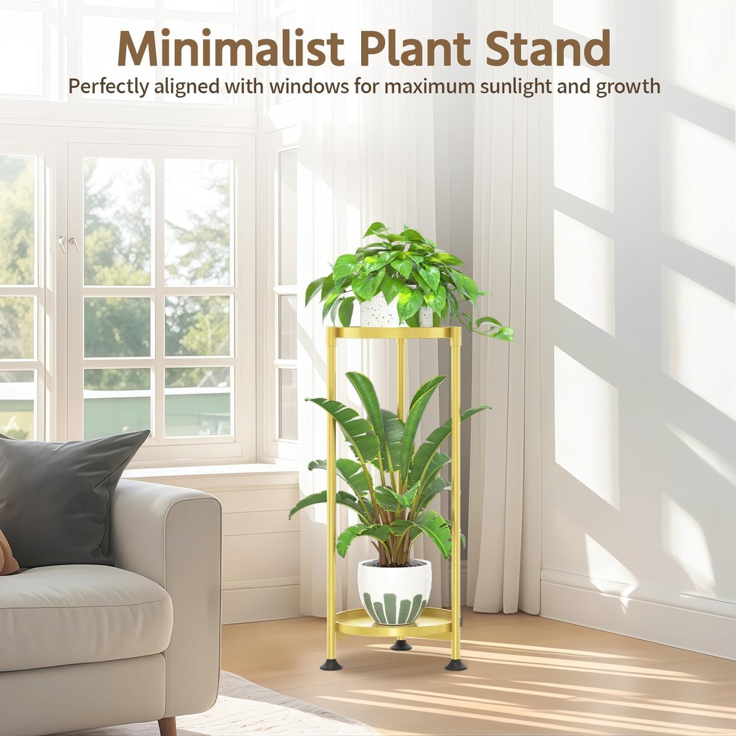 LASZOLA 2 Tier Gold Plant Stand Indoor for Large Tall Heavy Duty Flower Planter, Metal Vertical Multi Level Rack for Narrow Floor Corner, Sturdy Round Holder Organizer, Modern, Mid Century, Farmhouse