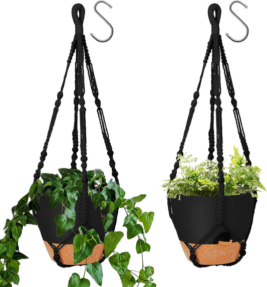 GARDIFE 10 Inch Hanging Planters with Macrame Plant Hanger for Indoor and Outdoor Plants, 2 Pack Large Self Watering Hanging Plant Pot with Basket Flower Pot with Drainage Hole, Black