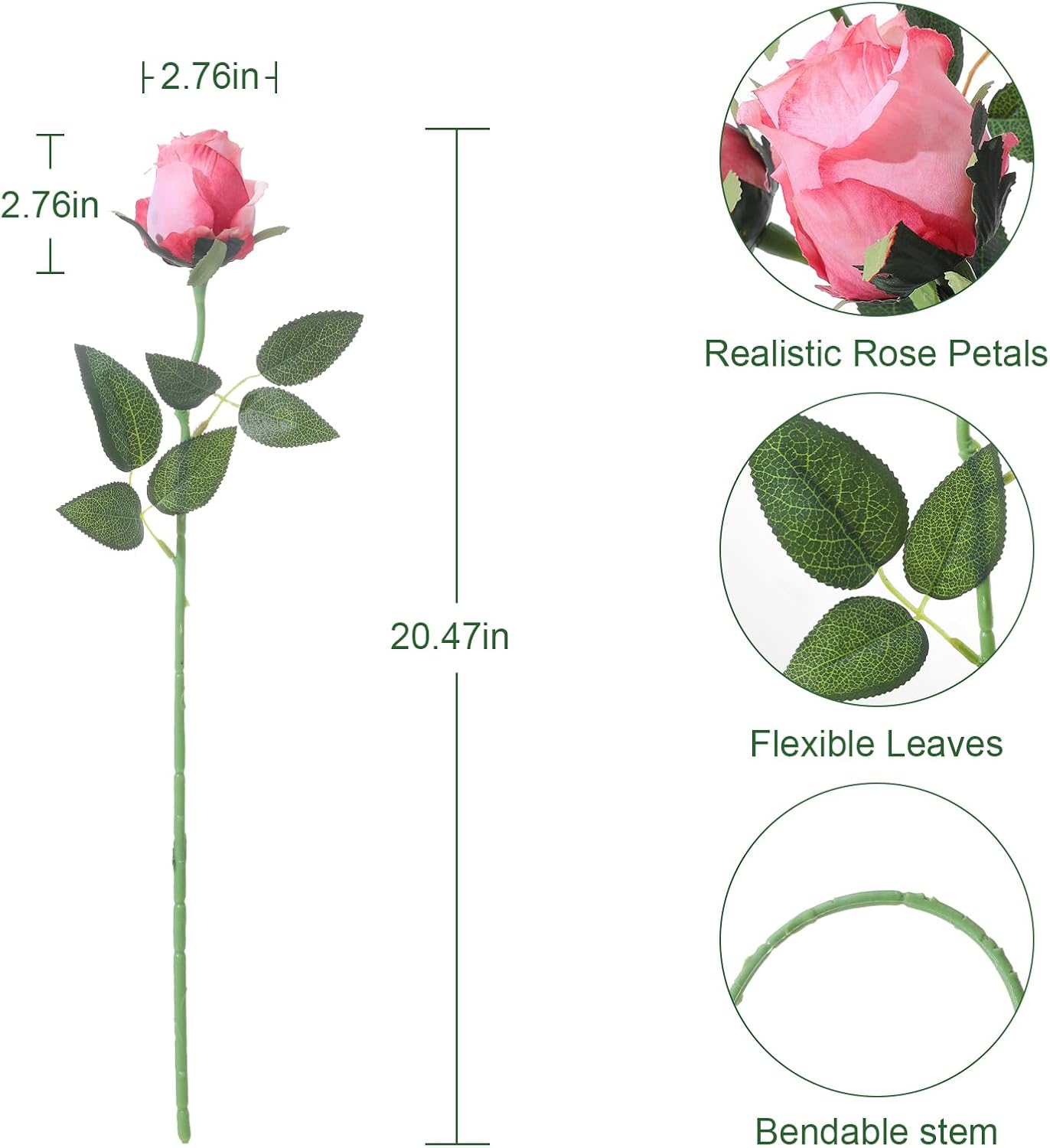 12Pcs Realistic Fake Dark Pink Roses Faux Flowers with Long Stems, Artificial Silk Rose Flowers for Valentines Day Home Wedding Decor Bridal Bouquet