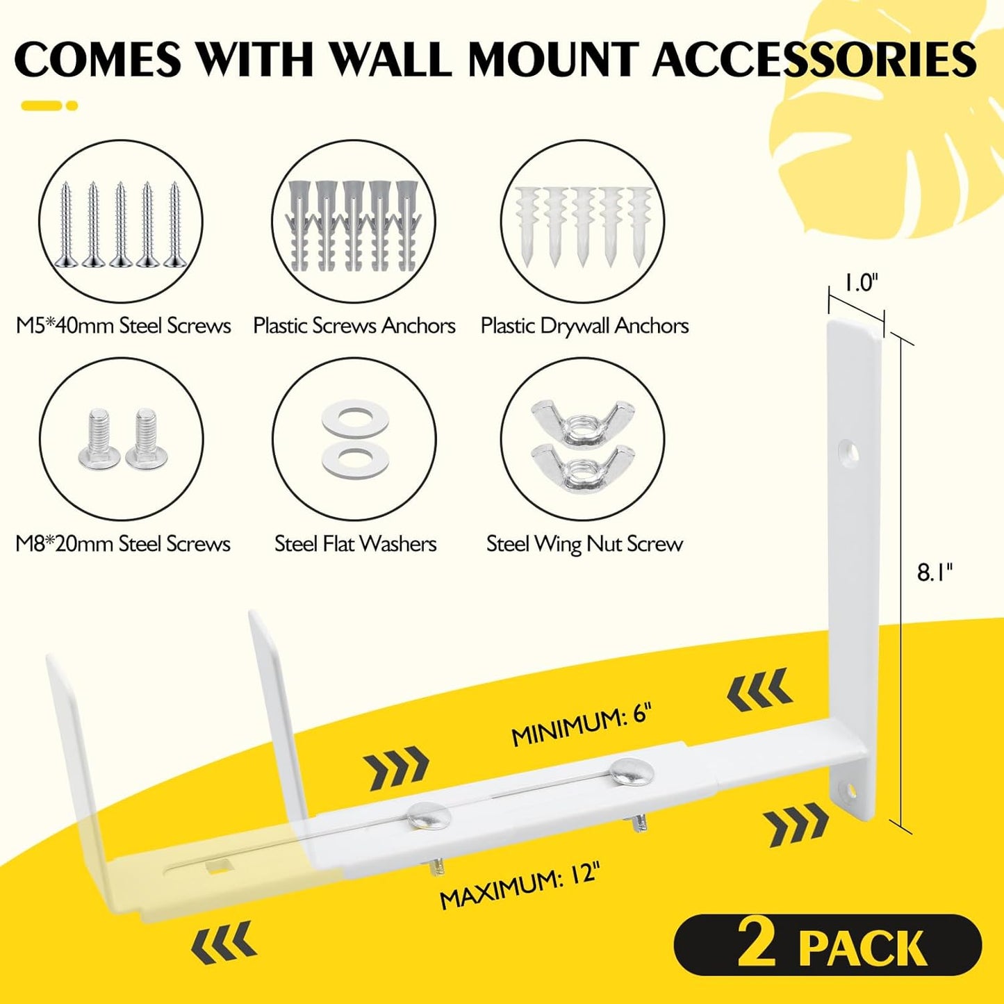 LukLoy Window Planter Box Brackets, 2 Pack Adjustable Heavy Duty Wall Mount Window Flower Boxes Outdoor with Bracket (6 to 12 in), with 70lbs Capacity, White