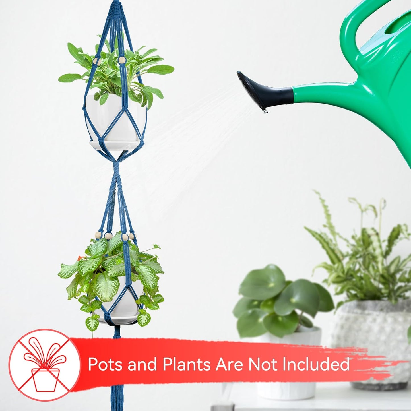 USLAI Macrame Plant Hanger Indoor Outdoor, Up to 4-15 inch Pot, Heavy 20lb Planters, Extra Long Strong Hanging Planter Basket Holder, Boho Home Decor, 49+72 Inch, Blue (POTS NOT Included)