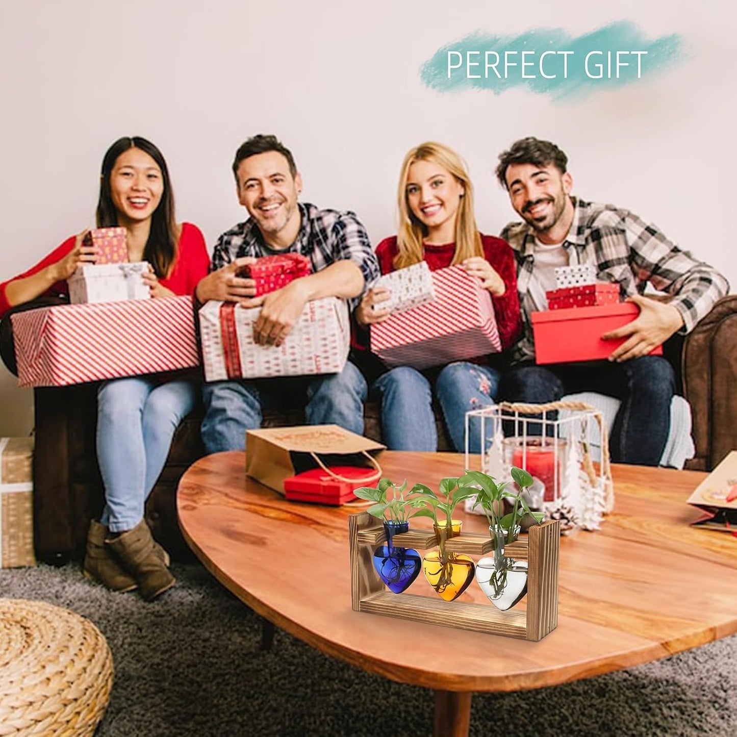 Plant Terrarium Propagation Stations Hydroponics Home Garden Decoration Gift for Women with Wooden Stand Heart Shaped Colored Glass Vase